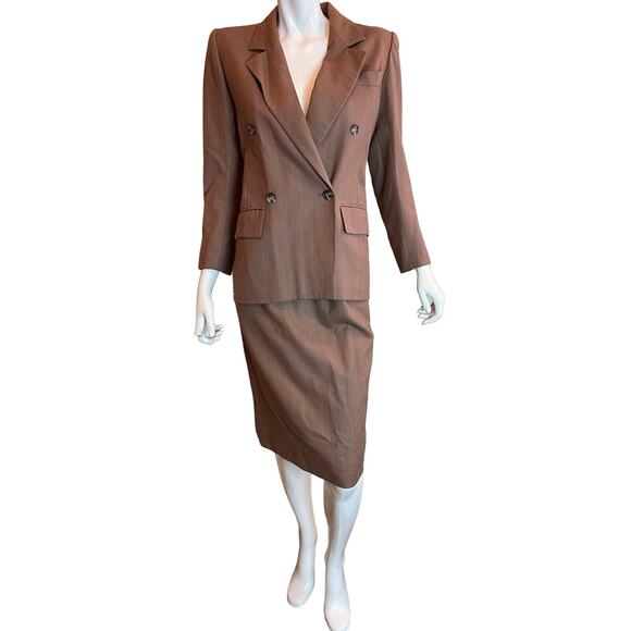 Saint Laurent Rive Gauche Suit Womens 34 XS Brown Double Breasted Blazer Skirt - Picture 1 of 12